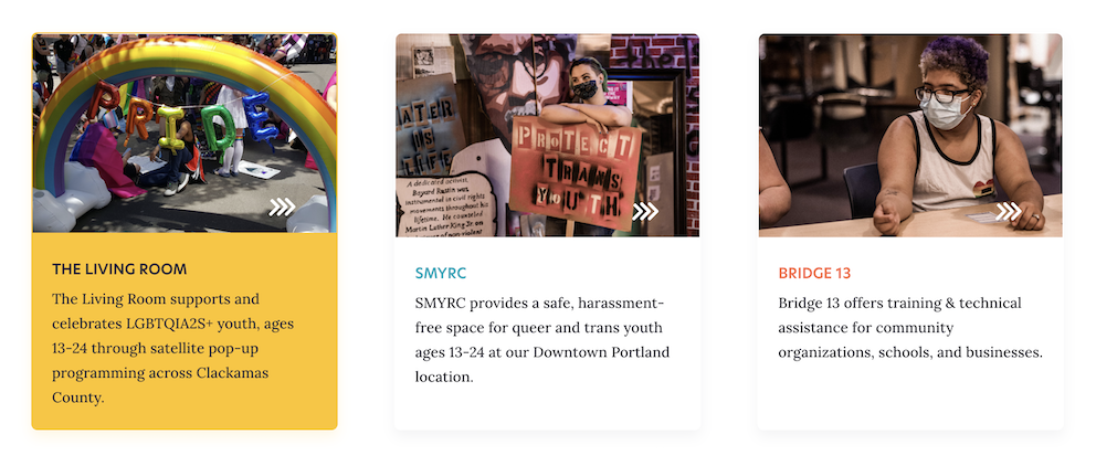 Three colorful cards: The first shows a rainbow balloon arch with “PRIDE” letters; the second displays protest signs advocating trans rights; the third features a person in a mask working at a table with papers.